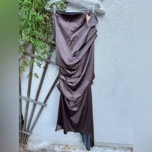 Mandalay Asymmetrical ruched Maxi Skirt in Stone Brown Silk New with Tags!
